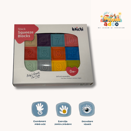 0–6 luni - Cuburi bebeluși din silicon moale – jucărie senzorială cu numere, forme și animale (0 luni+)