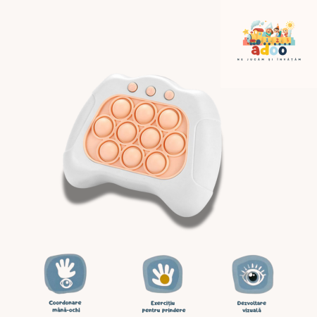 4-6 ani - Joc Pop It, consola, joc interactiv, antistres, cu baterii, Abs si silicon, Alb, 12 x 10 x 5.8 cm