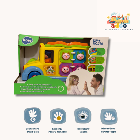 1-2 ani - Hola Keep Me Busy School Bus – Jucărie Multifuncțională cu Activități și Sunete