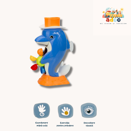 1-2 ani - Jucarie de baie pentru bebelusi, delfin cu palarie, cu ventuza, din plastic, 28 cm, 12+ luni, Albastru