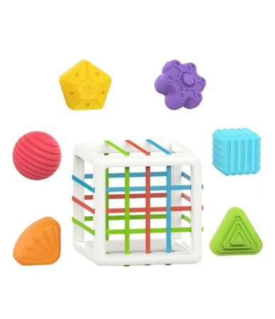 Jucarie senzoriala pentru bebelusi cub sortator cu benzi elastice si forme geometrice, Huanger [1]