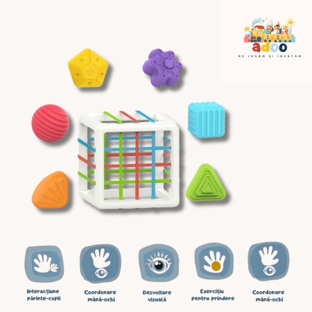 6–12 luni - Jucarie senzoriala pentru bebelusi cub sortator cu benzi elastice si forme geometrice, Huanger