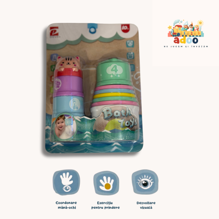 6–12 luni - Pahare stivuibile pentru baie – joc senzorial pentru bebeluși și copii mici