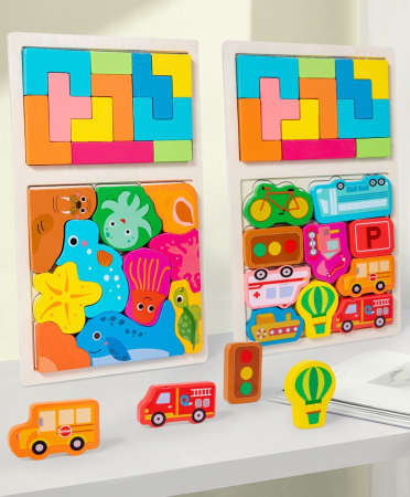 Puzzle Montessori din Lemn pentru Copii, Tip Tetris 2in1 +3 Ani, cu Animale Marine Colorate 3D, Educativ, Intuitiv, Creativ, 21 [3]