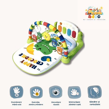 6–12 luni - Saltea de joaca pentru bebelusi, arcada cu jucarii, interactiva, cu muzica si lumini, model crocodil, 77 x 60 x 38 cm