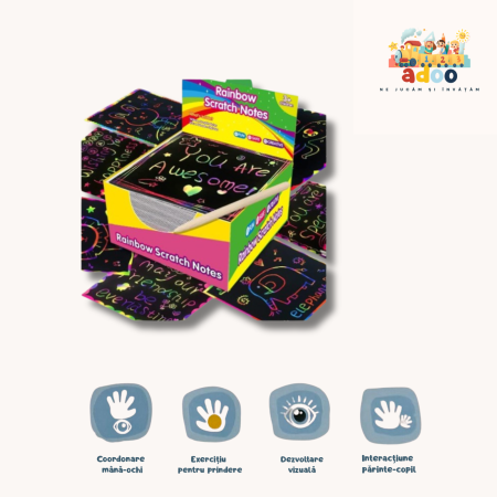 4-6 ani - Set 100 de Foi de Hartie de Zgariat, cu Un Stilou din Bambus, pentru Desen, Curcubeu, Negru