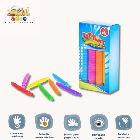 1-2 ani - Set 8 Tuburi Senzoriale Extensibile – Jucărie Antistres Pop Tubes Colorate