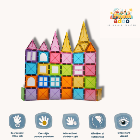 4-6 ani - Set 88 Piese Magnetice de Constructie, Piese 5.5 cm, Magnetic Tiles, Forme Geometrice, 3 Ani, ABS, Magnet, 27.5 x 21.5 x 17 cm,