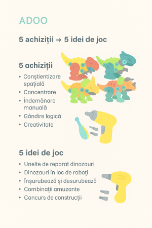 Set constructie, 4 Dinozauri cu bormasina electrica, surubelnita si cutie depozitare, 22 cm [1]