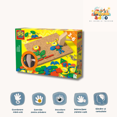 Set constructie copii - Jucarie de indemanare cu ciocan si cuie - Hammer Tic Fantezie