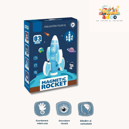 Set inteligent de blocuri magnetice pentru copii, 8 piese, cutie depozitare, racheta, albastru