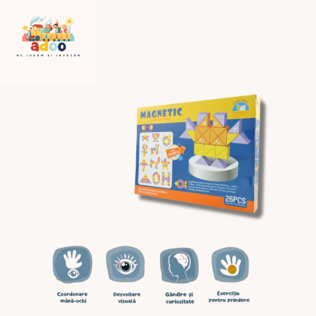 Set inteligent de constructie cu piese magnetice, 26 piese, pentru copii, +3 ani, multicolor