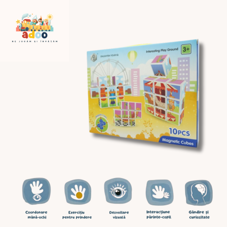 Set inteligent de cuburi magnetice pentru copii, 10 piese, cutie depozitare, puzzle parc de distractii, +3 ani, multicolor