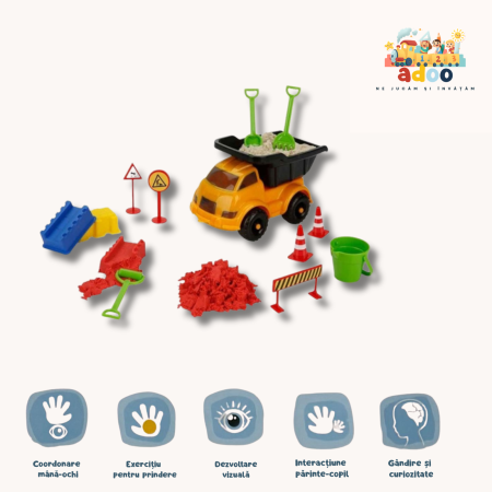 Set nisip kinetic, Crafy Fun Sand, Happy Construction Site, 12 piese, 500 g nisip