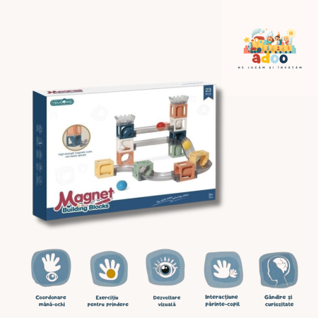 Set piese magnetice de constructie, Cu tobogane si bile, 23 piese, Multicolor