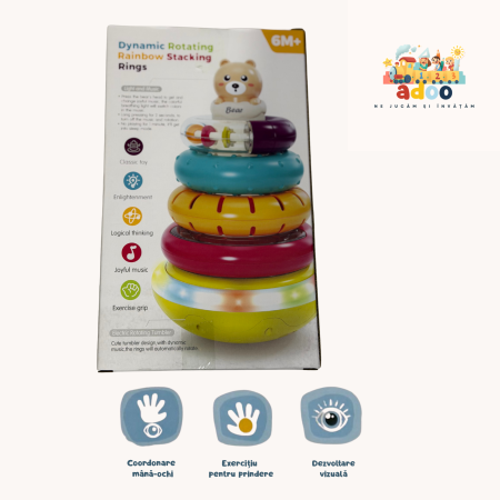 6–12 luni - Turn interactiv de stivuire pentru bebeluși – inele colorate rotative cu lumini și muzică (6 luni+)