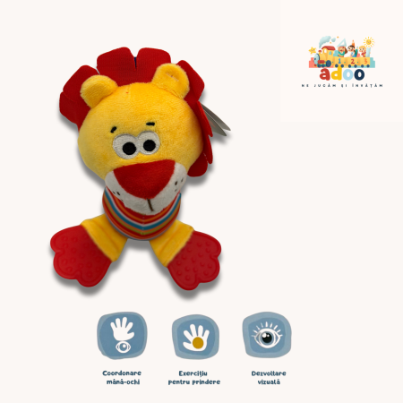 0–6 luni - Zornăitoare Leu din Pluș cu Mâner pentru Dentiție – Jucărie Educațională pentru Bebeluși