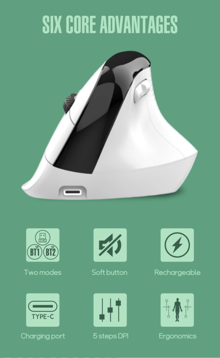 Mouse wireless AdyMel® ergonomic vertical – 2.4GHz + BT 5.0, 4000 DPI, reincarcabil, alb. [4]