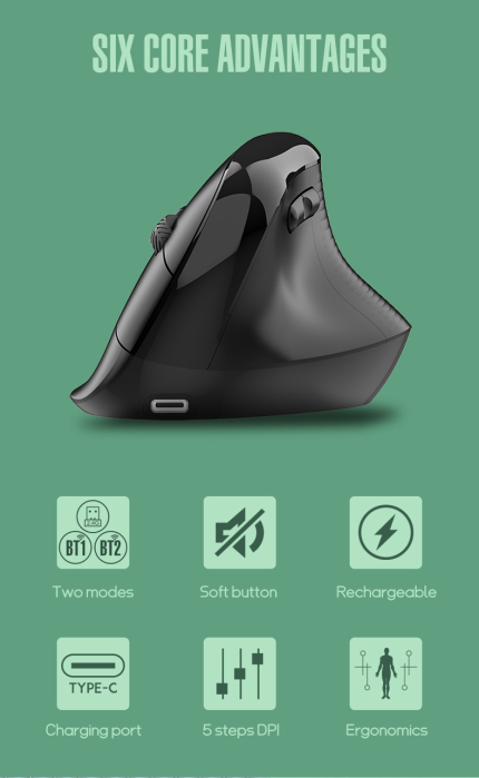 Mouse wireless AdyMel® ergonomic vertical – 2.4GHz + BT 5.0, 4000 DPI, reincarcabil, negru. [3]