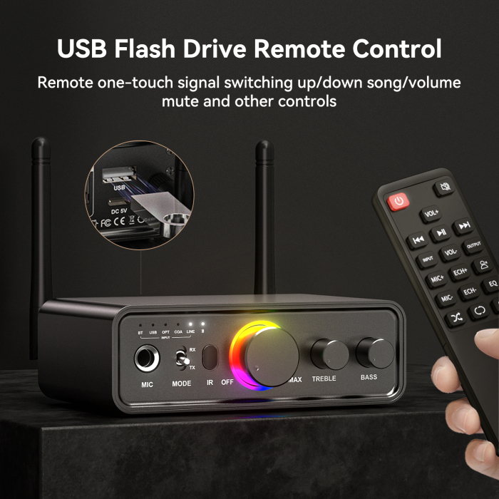 Adaptor Bluetooth 5.3 AdyMel® audio profesional – TX/RX, USB, Optical, Coaxial, RCA, AUX 3.5 mm, negru. [6]