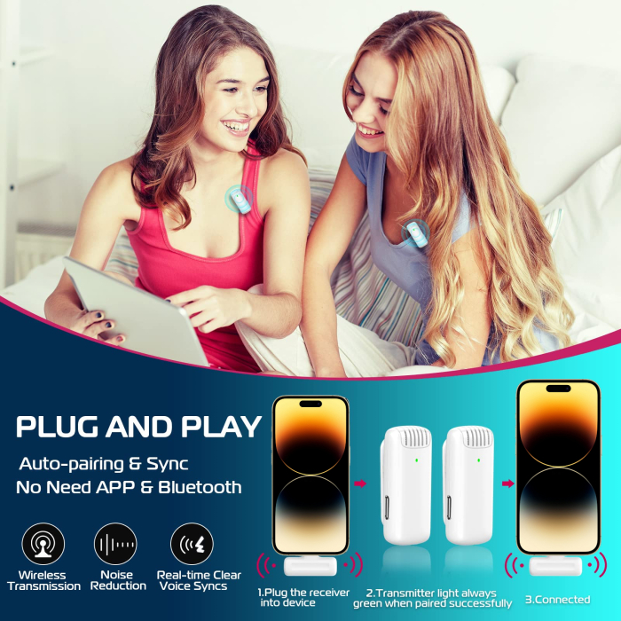 Lavaliera profesionala AdyMel® pentru iPhone 2 microfoane wireless, Lightning, cu carcasa incarcare, alba. [5]