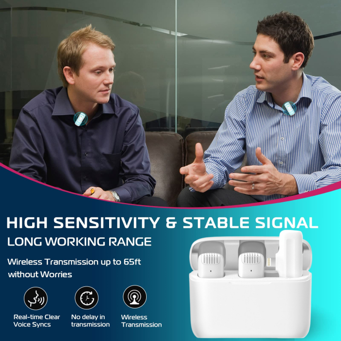 Lavaliera profesionala AdyMel® pentru iPhone 2 microfoane wireless, Lightning, cu carcasa incarcare, alba. [2]