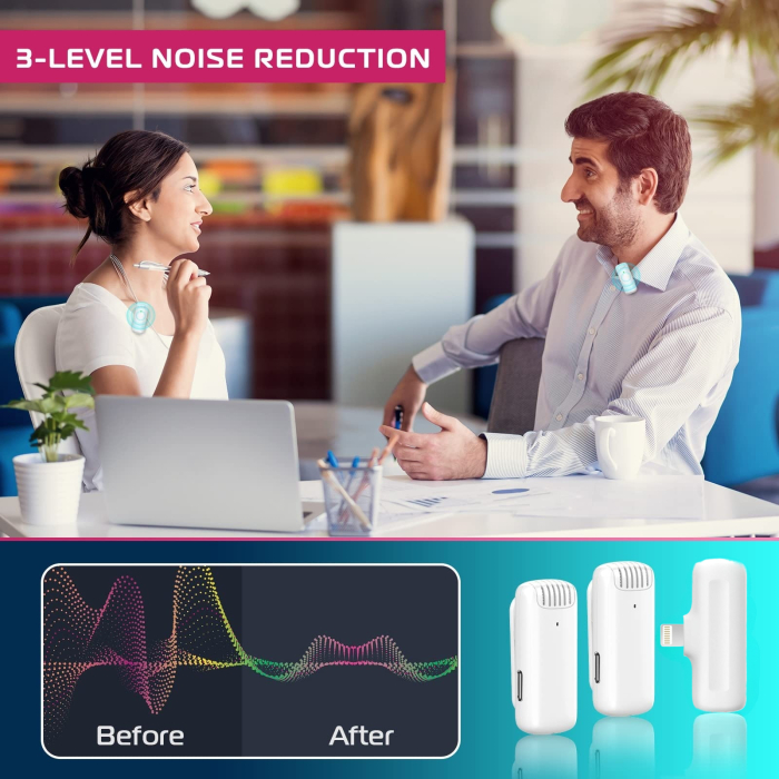 Lavaliera profesionala AdyMel® pentru iPhone 2 microfoane wireless, Lightning, cu carcasa incarcare, alba. [4]