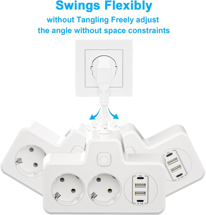 Prelungitor multifunctional AdyMel® – lampa veghe, PD 20W, 2x Type-C, 2x USB 3.4A, touch, alb. [8]