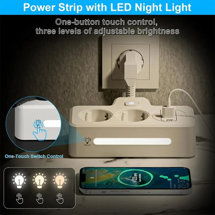 Prelungitor multifunctional AdyMel® – lampa veghe, PD 20W, 2x Type-C, 2x USB 3.4A, touch, alb. [5]