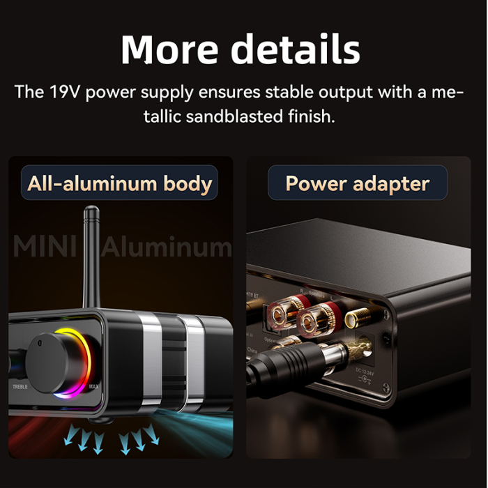 Amplificator digital Bluetooth 5.3 AdyMel® – 2x100W, HD Bass/Treble, Optical, RCA, AUX, MIC, negru. [11]