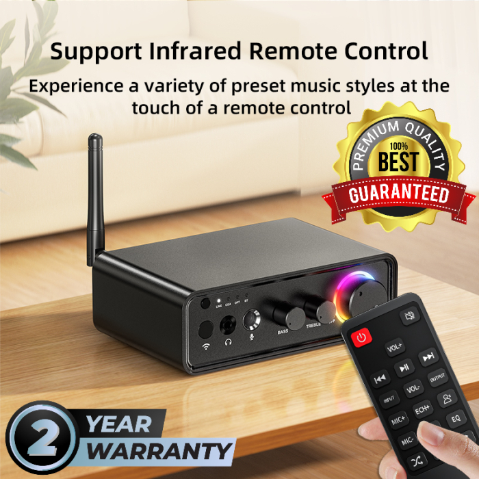 Amplificator digital Bluetooth 5.3 AdyMel® – 2x100W, HD Bass/Treble, Optical, RCA, AUX, MIC, negru. [5]