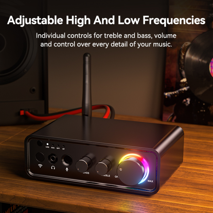 Amplificator digital Bluetooth 5.3 AdyMel® – 2x100W, HD Bass/Treble, Optical, RCA, AUX, MIC, negru. [9]
