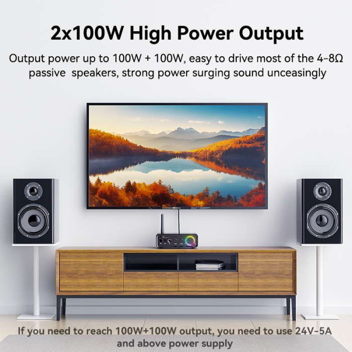 Amplificator digital Bluetooth 5.3 AdyMel® – 2x100W, HD Bass/Treble, Optical, RCA, AUX, MIC, negru. [2]