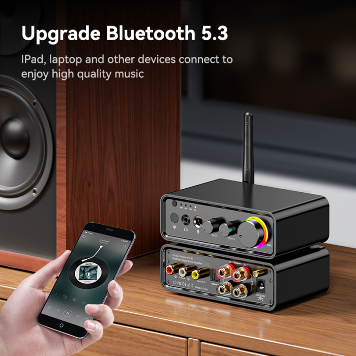 Amplificator digital Bluetooth 5.3 AdyMel® – 2x100W, HD Bass/Treble, Optical, RCA, AUX, MIC, negru. [8]