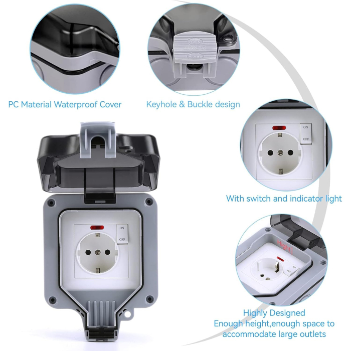 Priza exterior AdyMel® IP66 – standard EU 250V/16A, cu intrerupator si indicator luminos, gri. [2]