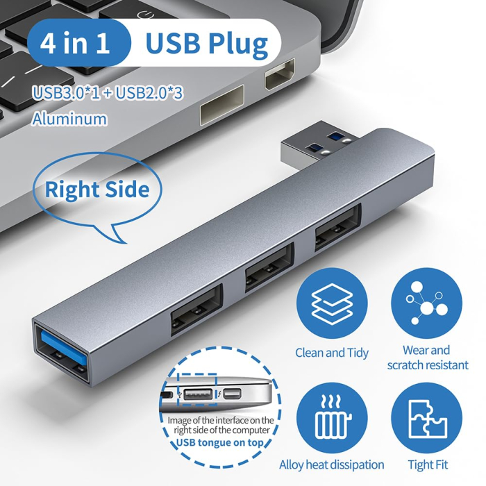 Adaptor USB 4 in 1 AdyMel® – hub aluminiu cu 4 porturi USB 3.0 si 2.0, albastru. [5]