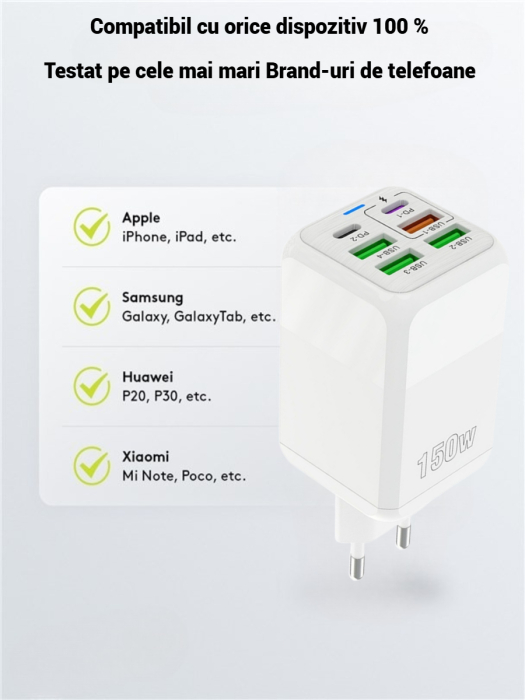 Incarcator retea AdyMel® 150W – super fast charger, 6 porturi USB si Type-C PD, alb. [2]