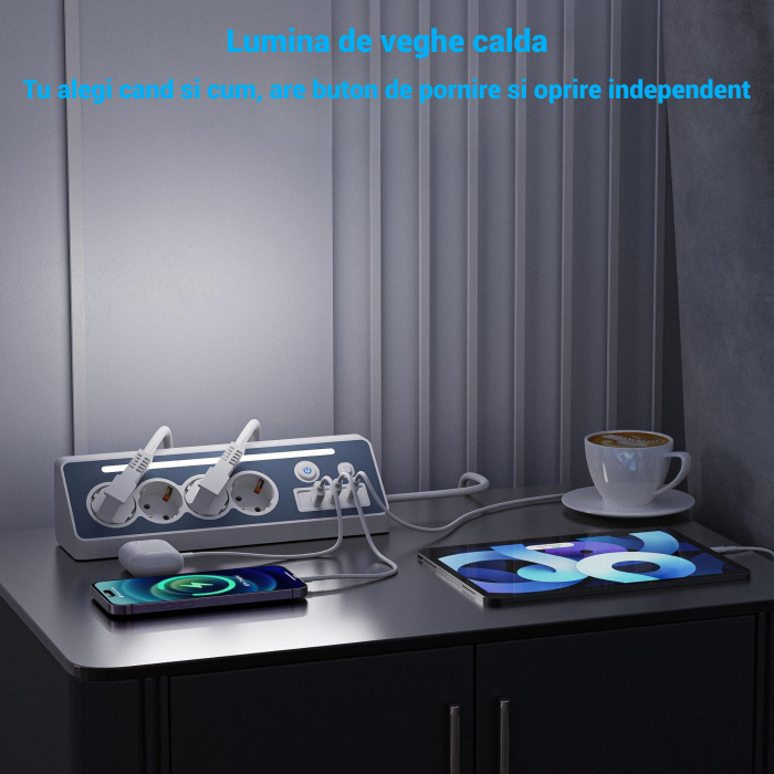 Prelungitor 8 in 1 AdyMel® – 4 prize, USB A si C, PD 30W, lumina veghe, alb. [5]