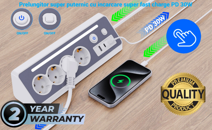 Prelungitor 8 in 1 AdyMel® – 4 prize, USB A si C, PD 30W, lumina veghe, alb. [3]
