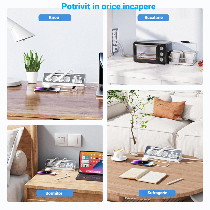 Prelungitor 8 in 1 AdyMel® – 4 prize, USB A si C, PD 30W, lumina veghe, alb. [8]