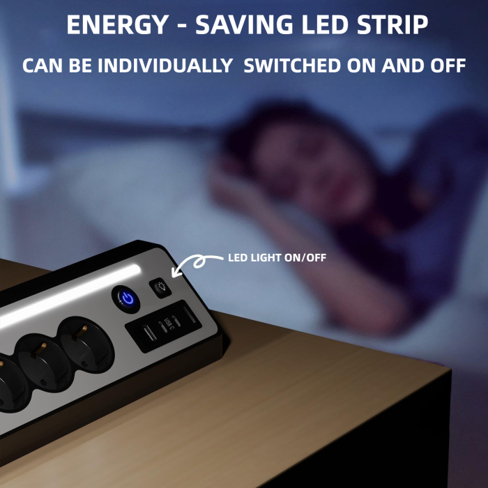 Prelungitor 8 in 1 AdyMel® – 4 prize, USB A si C, PD 30W, lumina veghe, negru. [6]