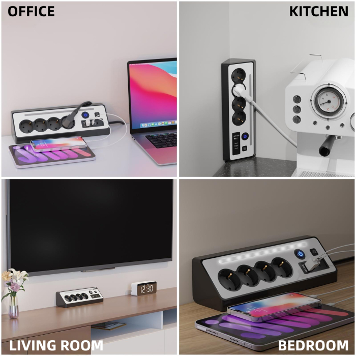 Prelungitor 8 in 1 AdyMel® – 4 prize, USB A si C, PD 30W, lumina veghe, negru. [7]