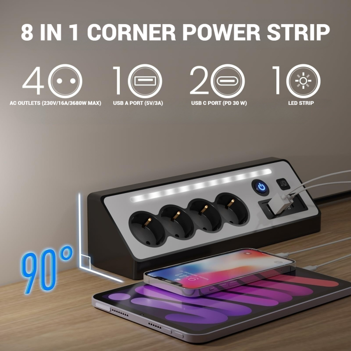 Prelungitor 8 in 1 AdyMel® – 4 prize, USB A si C, PD 30W, lumina veghe, negru. [4]