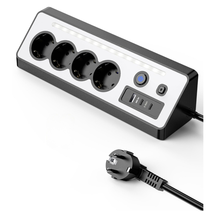 Prelungitor 8 in 1 AdyMel® – 4 prize, USB A si C, PD 30W, lumina veghe, negru. [1]