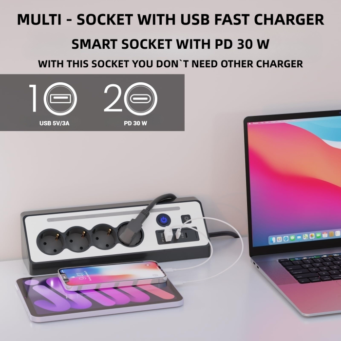 Prelungitor 8 in 1 AdyMel® – 4 prize, USB A si C, PD 30W, lumina veghe, negru. [2]