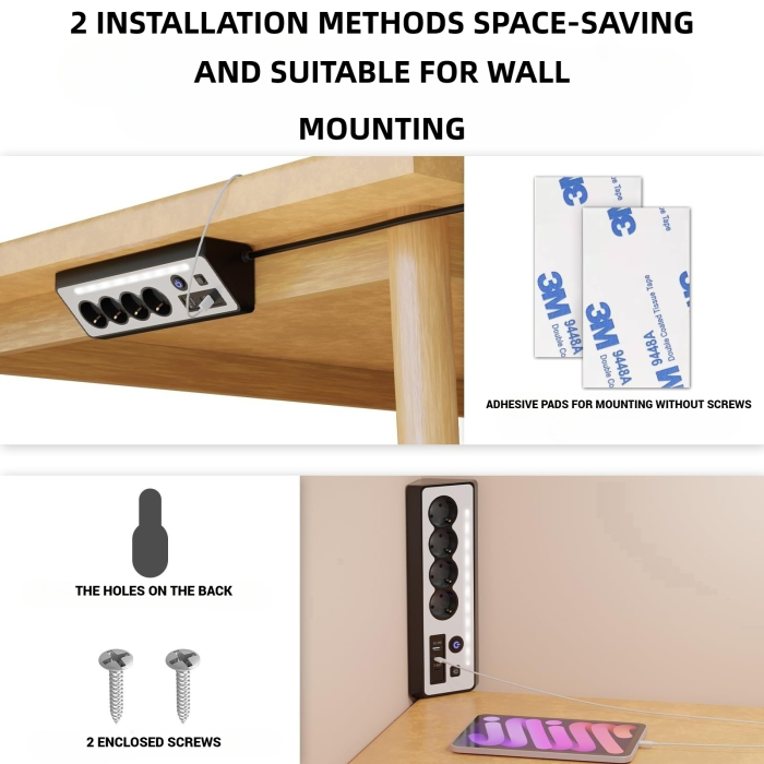 Prelungitor 8 in 1 AdyMel® – 4 prize, USB A si C, PD 30W, lumina veghe, negru. [5]