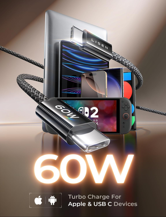 Cablu USB C la USB C LISEN® 60W – set 4 buc, PD 3.0, fast charge. [10]