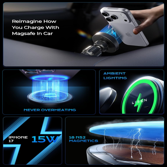 Incarcator auto wireless LISEN® IQ 2 – MagSafe 15W, rotire 360°, negru. [2]