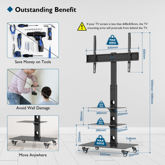 Suport TV Bontec® 30–70 inch – stand cu sticla securizata si roti 360°, VESA 600x400. [5]