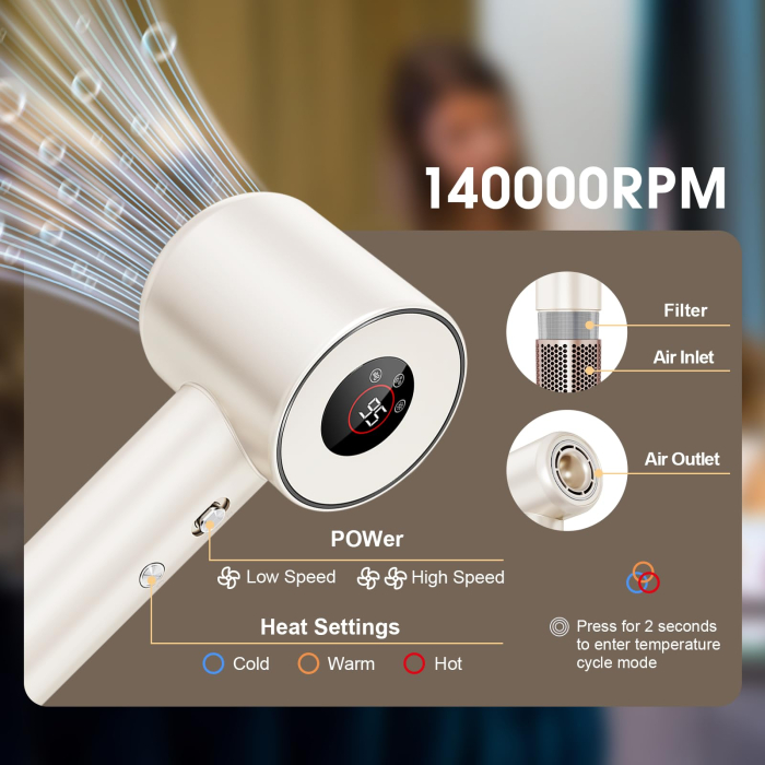 Uscator de par profesional – 500 milioane ioni negativi, motor 140.000 RPM, bej. [3]